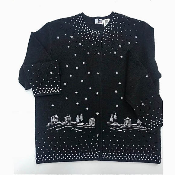 Vtg 90s Black Embroidered Cardigan Sweater, 100% Wool, Beaded, Christmas, Sz M - Picture 1 of 10